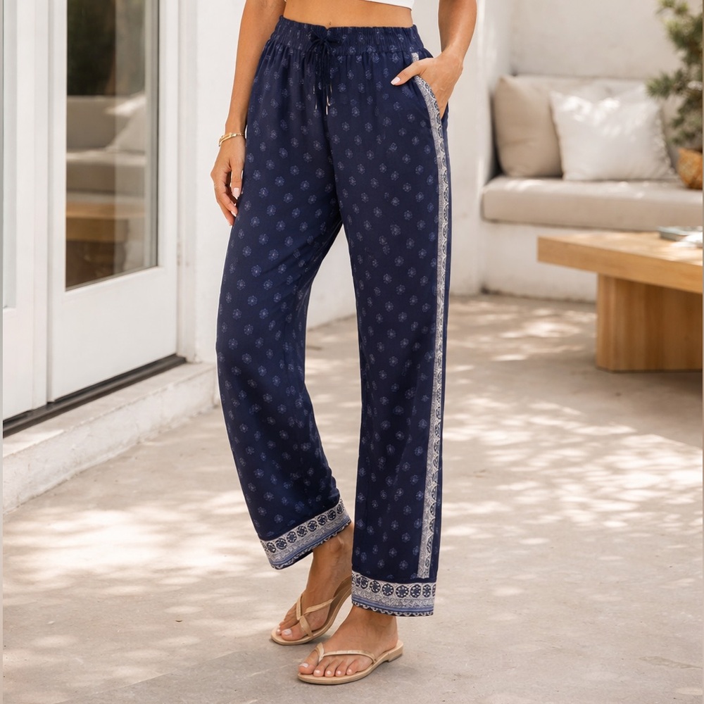 Joie 100% Silk Navy Print Pants – Size S